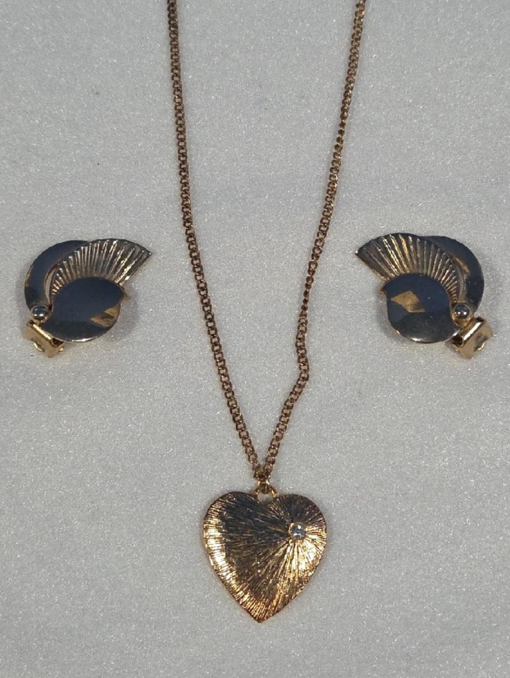 Gold Heart Pendant Necklace with Matching Clip-On Earrings - Women Jewelry